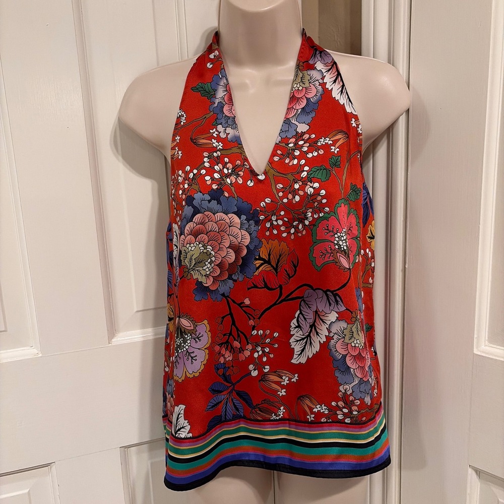Express Womens Floral Halter Top Red Multi XS V-Neck Open Back Polyester